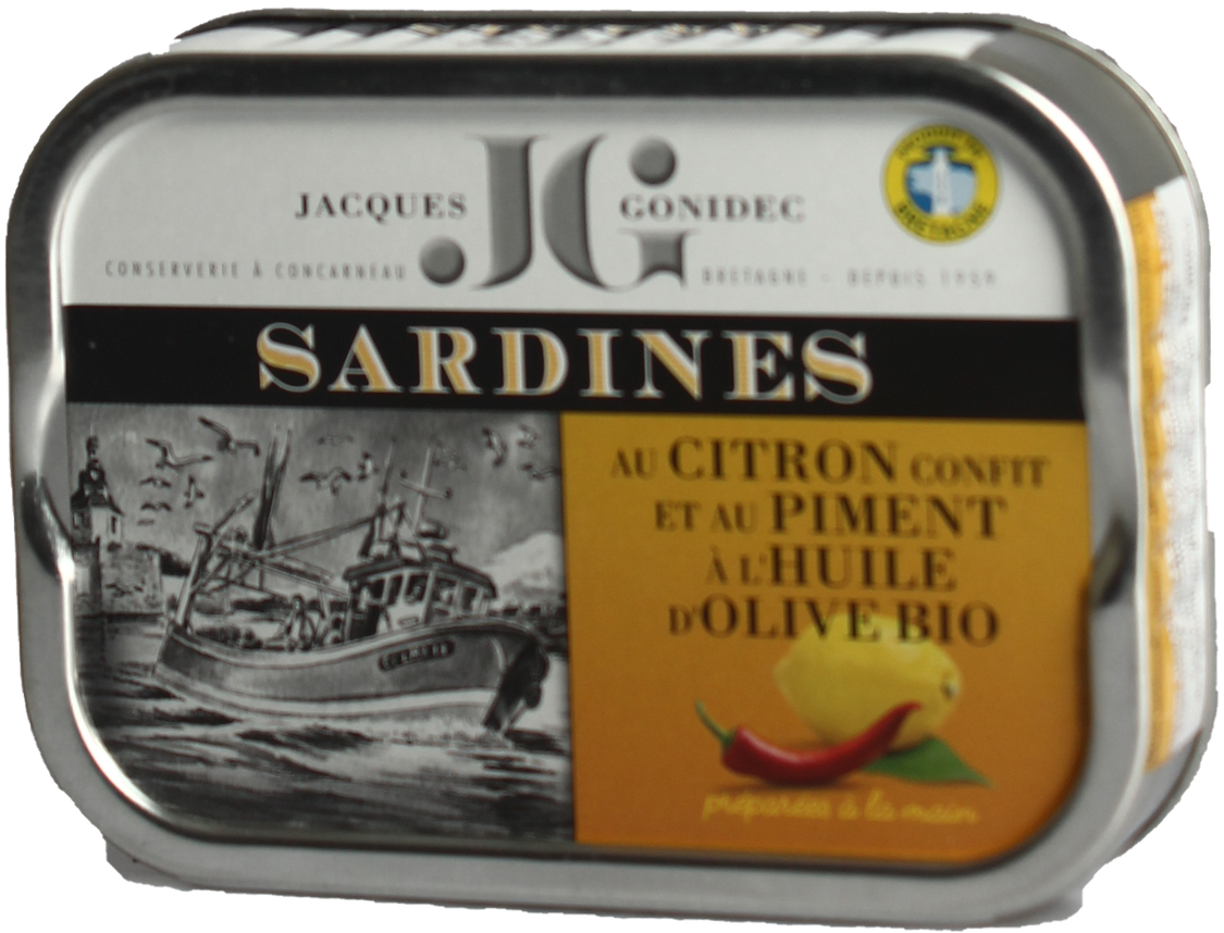 Jacques Gonidec Sardinen mit kandierter Zitrone Olivenöl Piment BIO